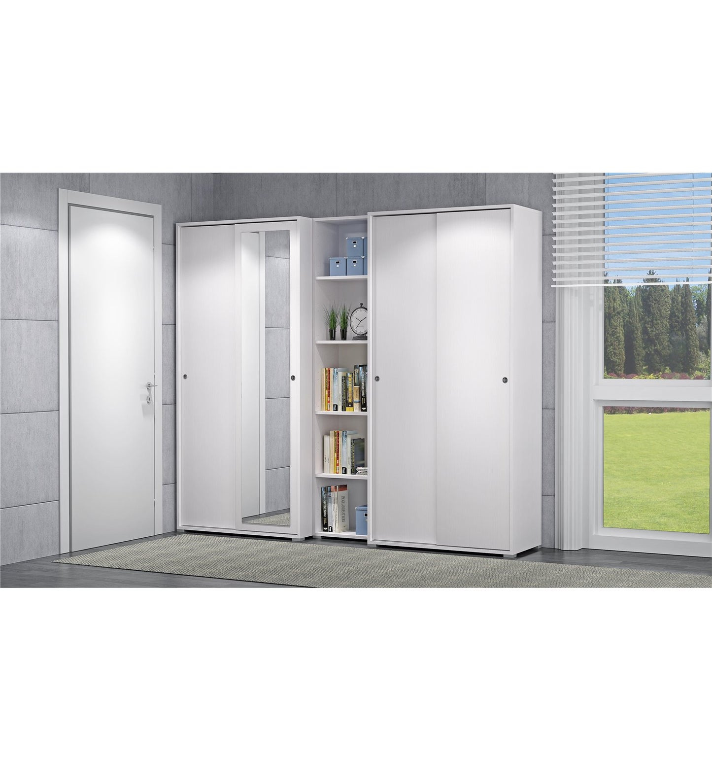 Mueble con doble puerta corredera y cuatro estantes regulables, puertas blancas