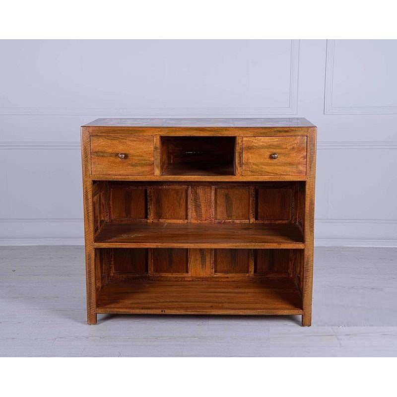 Braune Mango-Holz-Sideboard mit 2 Schubladen und offenen Regalen 50x120xH. 75 cm