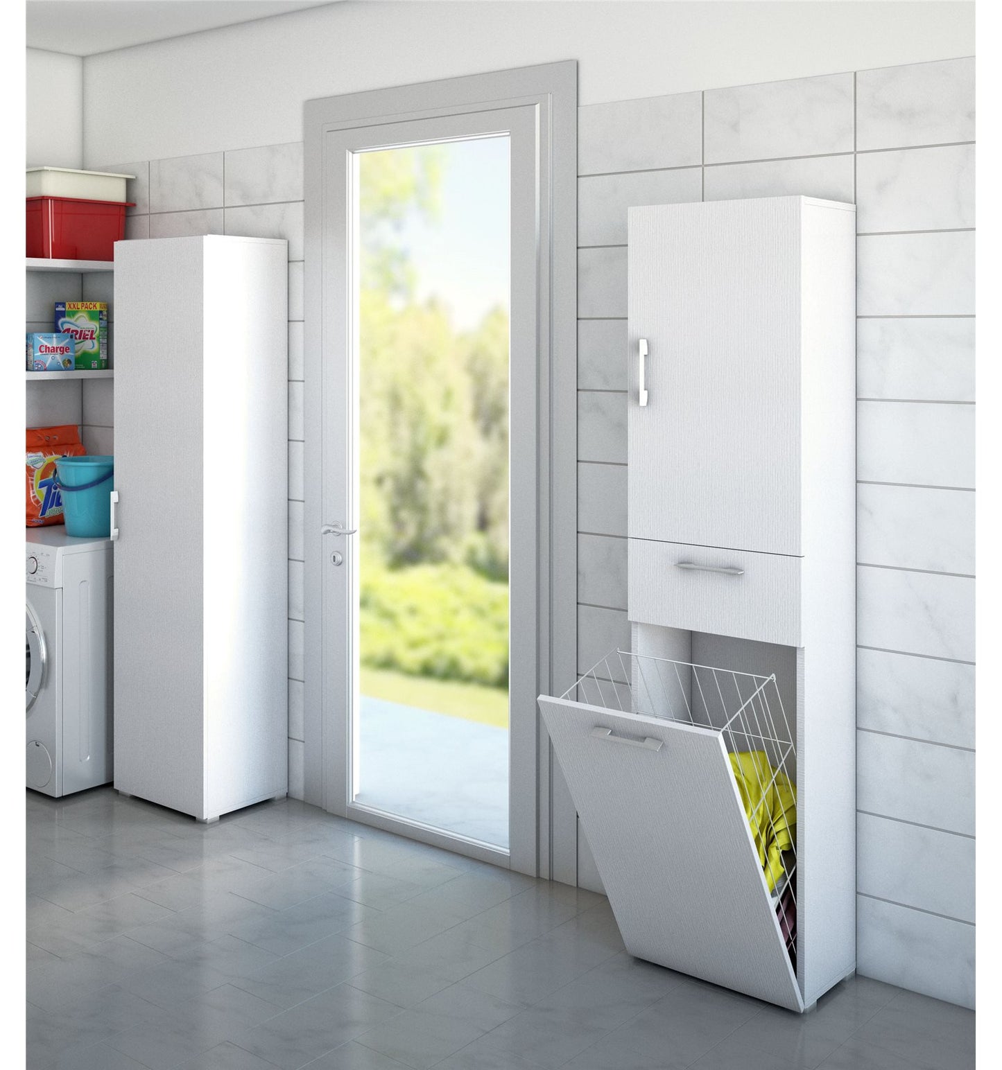 Mueble multiusos con cesto para la ropa blanca