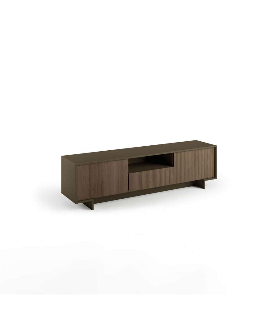 Bronze TV Cabinet with 2 Doors and a Central Drawer with Dark Canneté Pattern