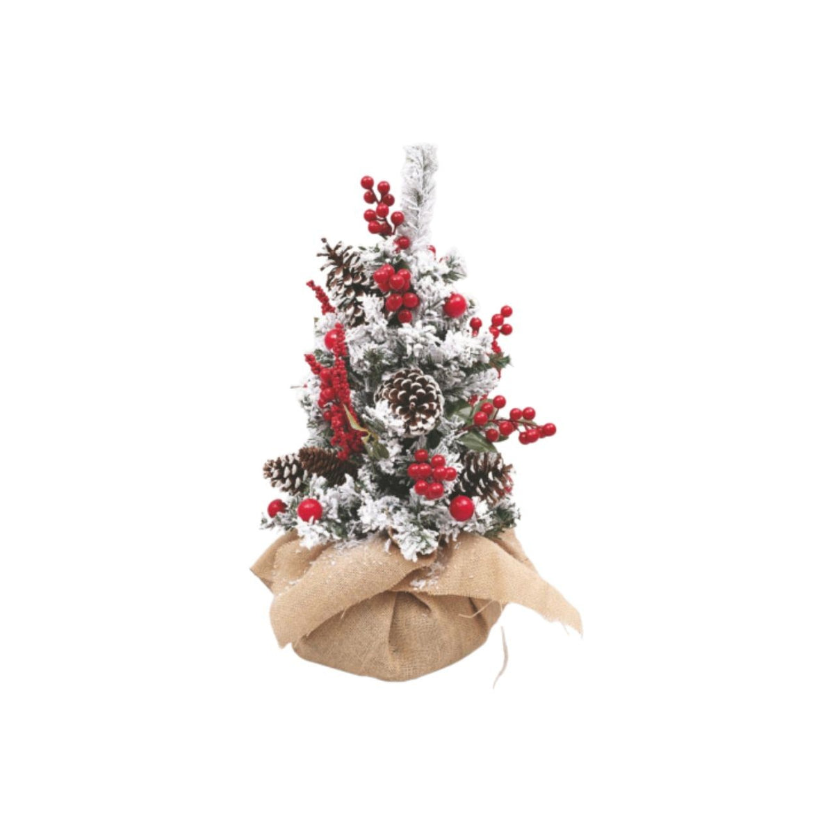 Albero di Natale artificiale verde in pvc con rami innevati e bacche rosse H 60 cm