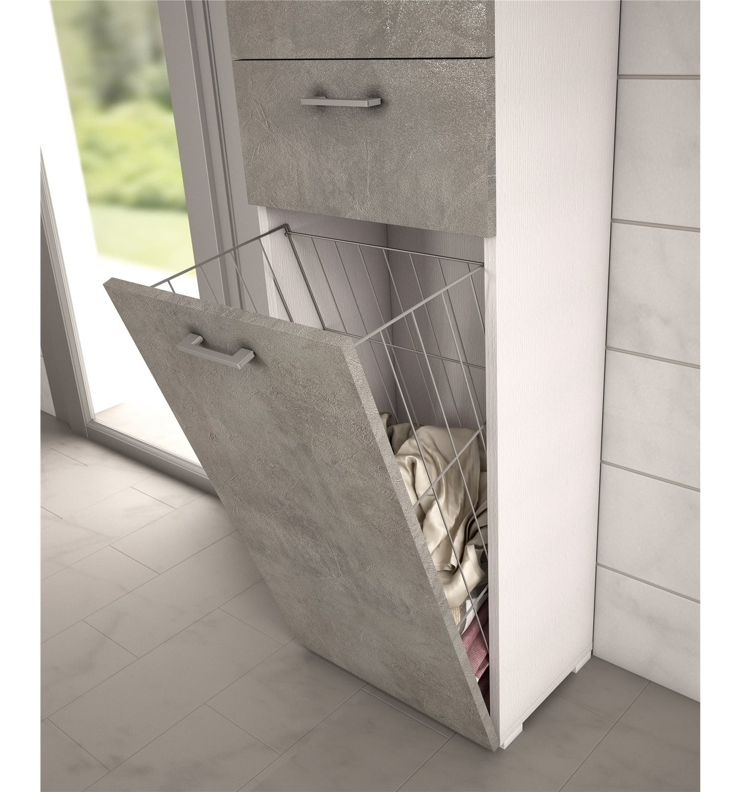 Multipurpose cabinet with white laundry basket with concrete door