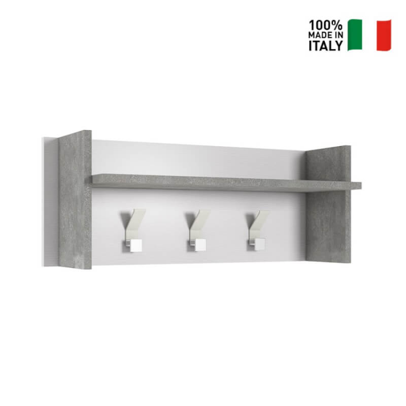 Coat Rack Panel with Large Shelf, 3 Hooks, White Cement