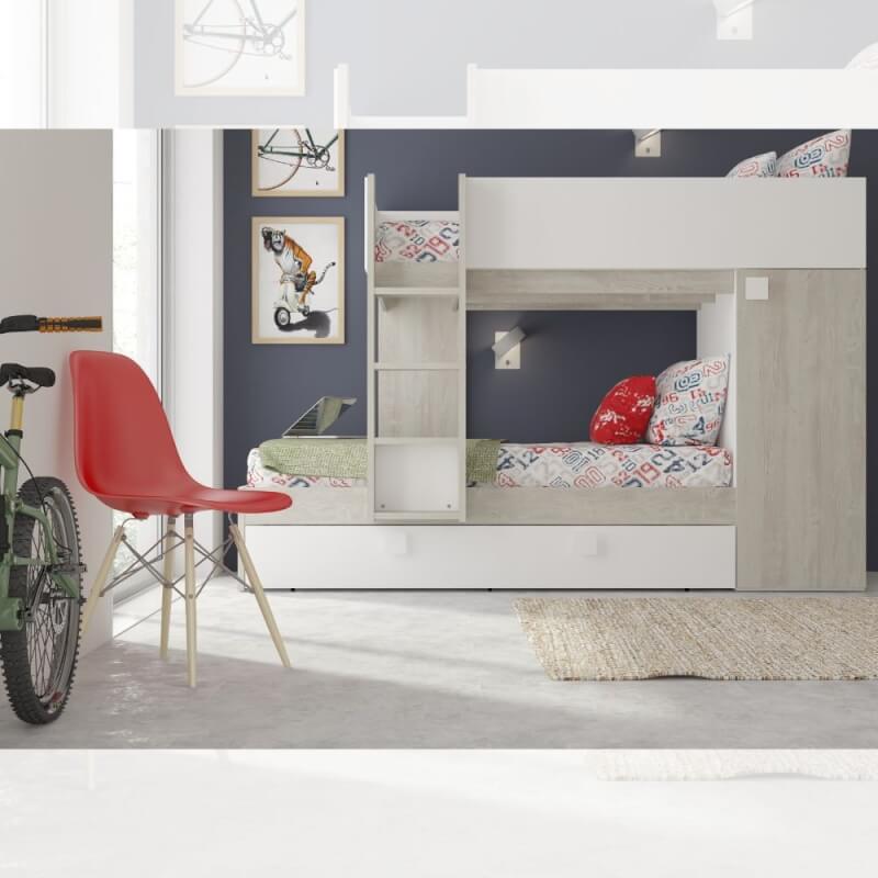 Dormitorio con litera y cama nido con armario integrado en blanco desgastado y blanco reversible