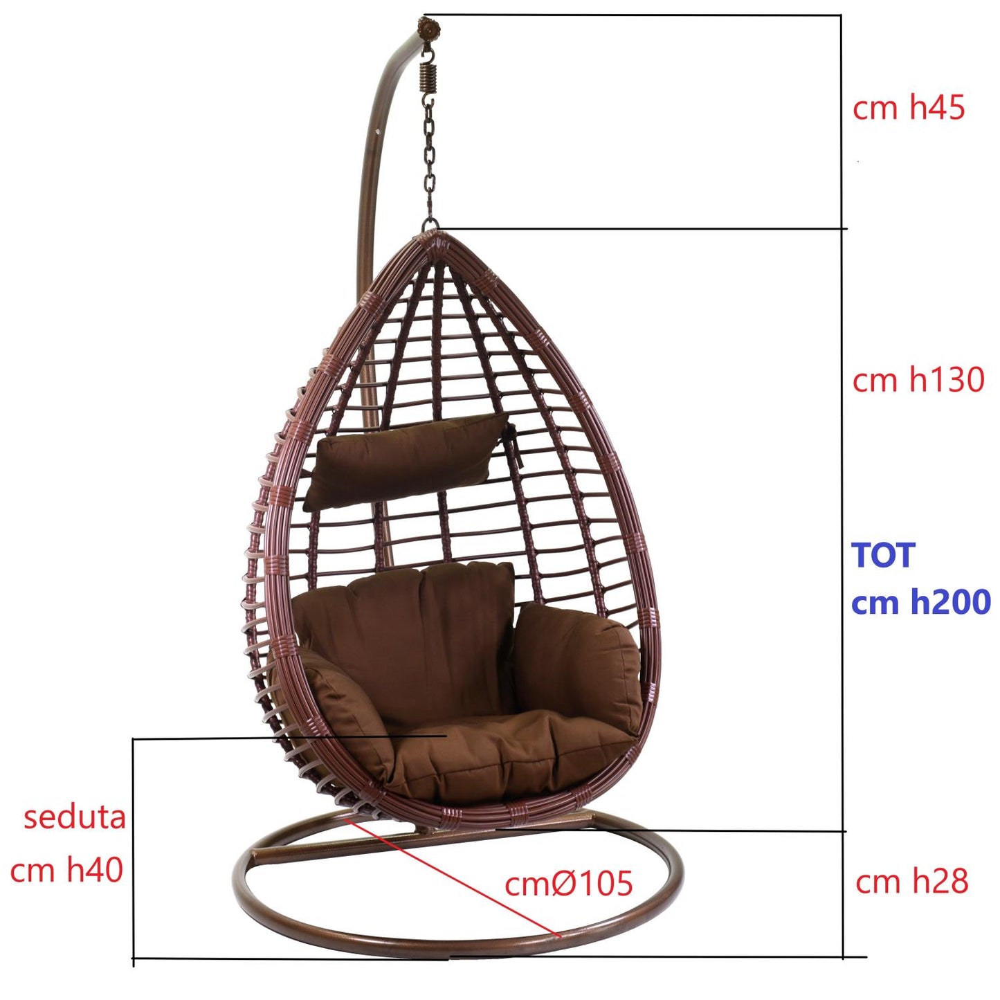 Hanging egg chair in polyrattan with cushion 90x70x200h cm