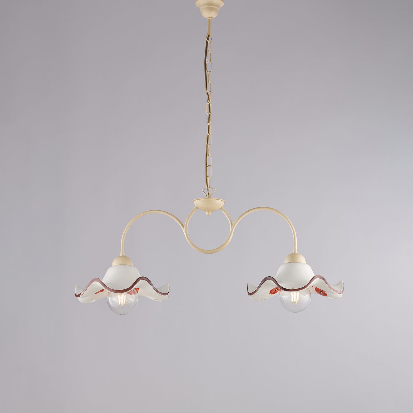 Lampadario avorio decapè, ceramica bianco marrone, 2 luci, L.81x30 cm