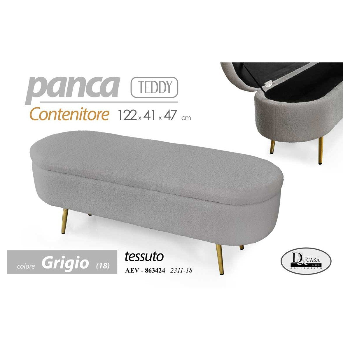 Panca contenitore teddy tessuto grigio cm 122x41x47 h