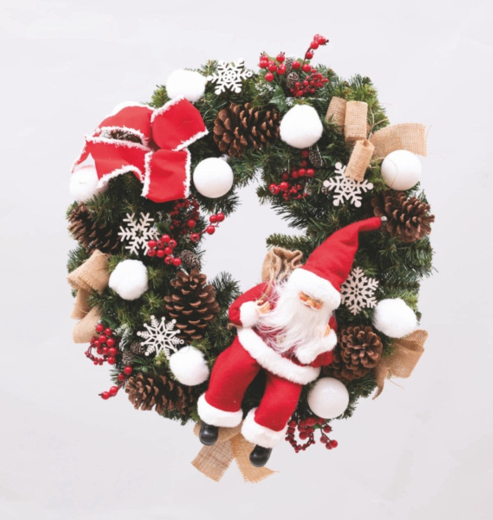 Corona PVC verde con pigne e sfere bianche 60 cm