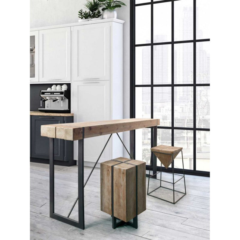 GARRETT mesa alta de acero con tapa de madera de abeto 200x50x h110 cm