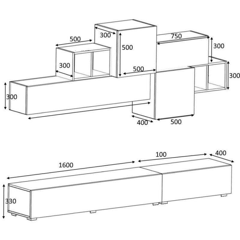 Parete attrezzata due ribalte cinque pensili Rovere Grgio Nero Antracite TROMEN 260x42x h195 cm