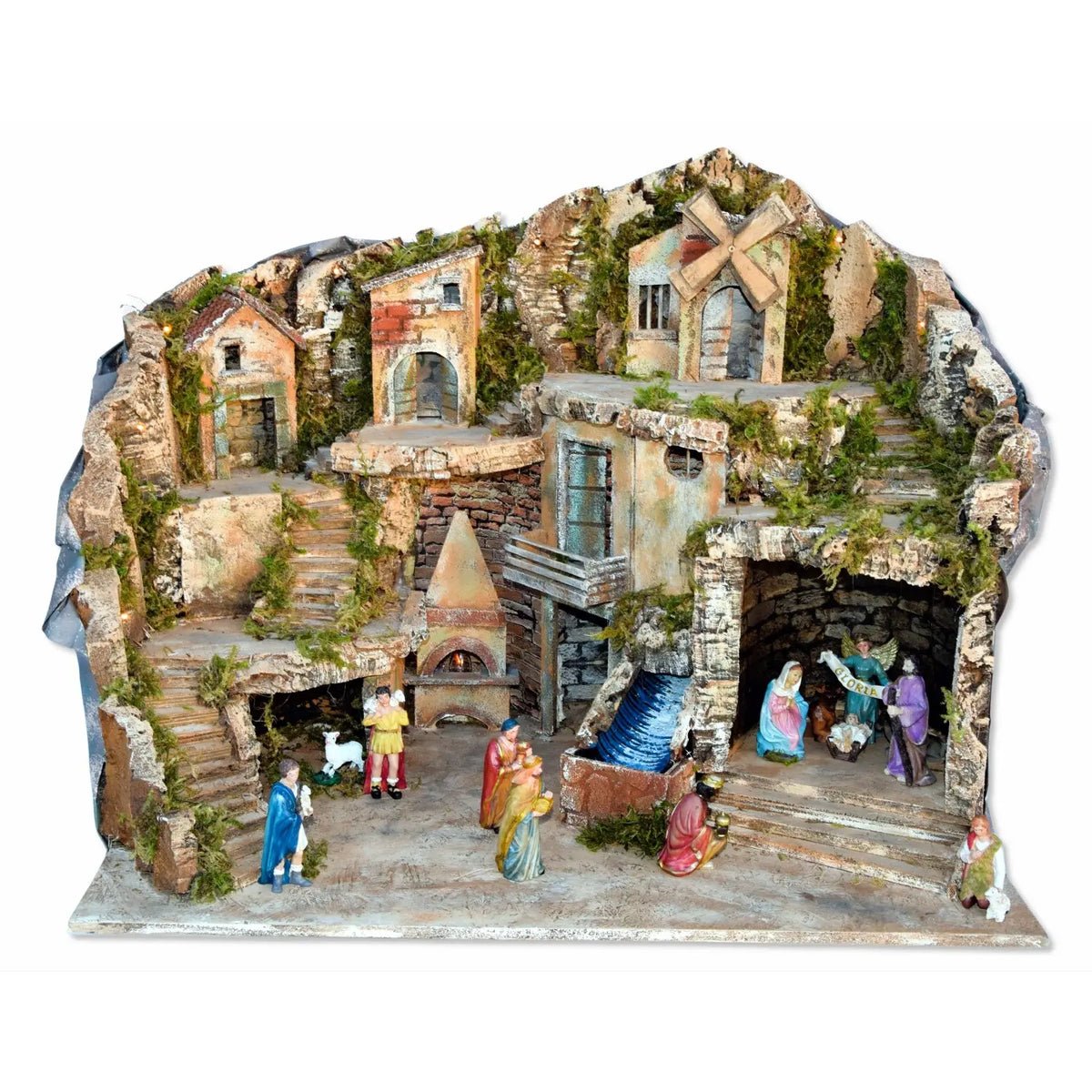 Presepe con luci, cascata, mulino a vento, forno funzionante e Natività 68 × 50 × H54 cm