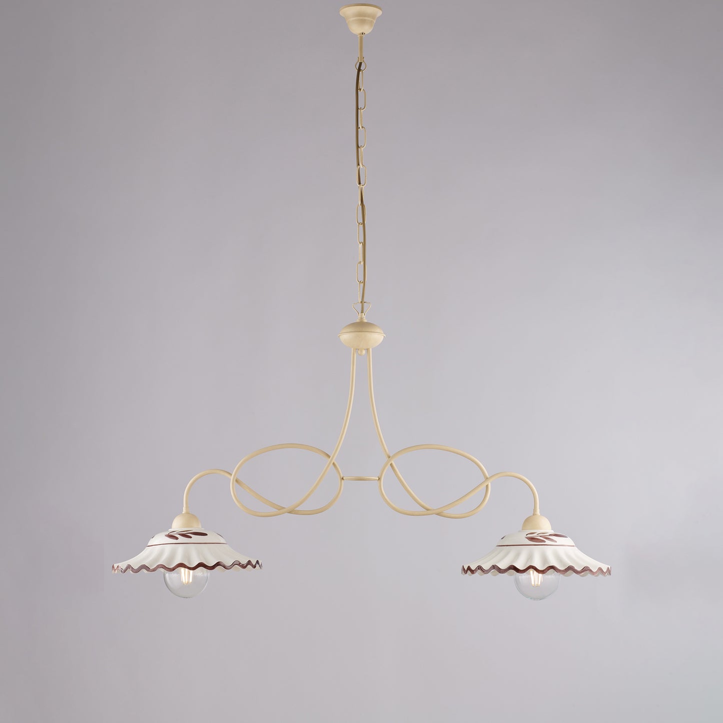 Lampadario avorio decapè, ceramica bianco marrone, 2 luci, L.98x30 cm