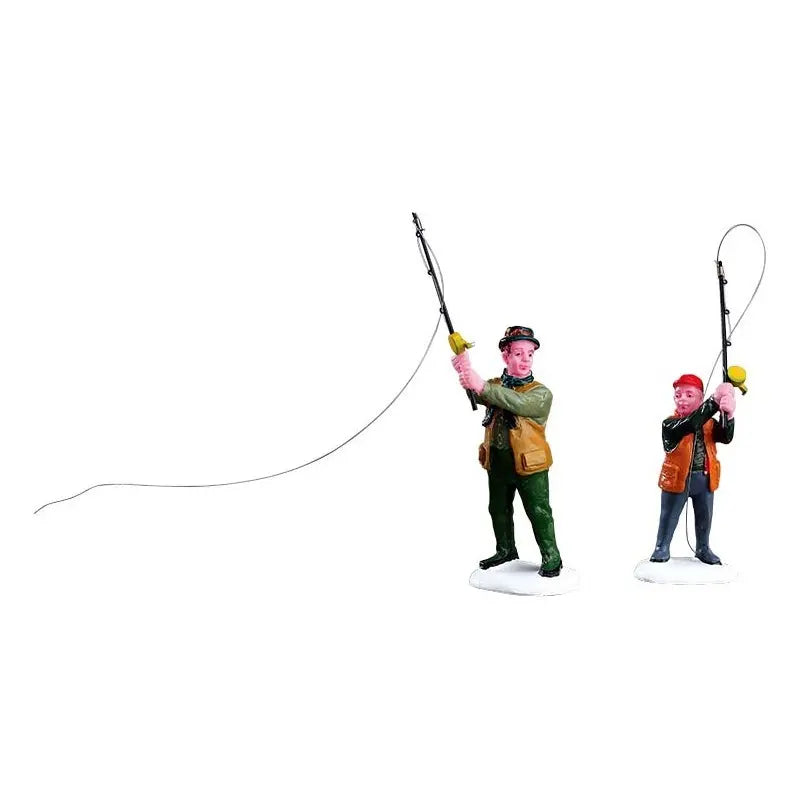 Set 2 statuette Lemax Fly Fishing with Dad pesca con la mosca con papà 5,8 × 2,5 × H7 cm