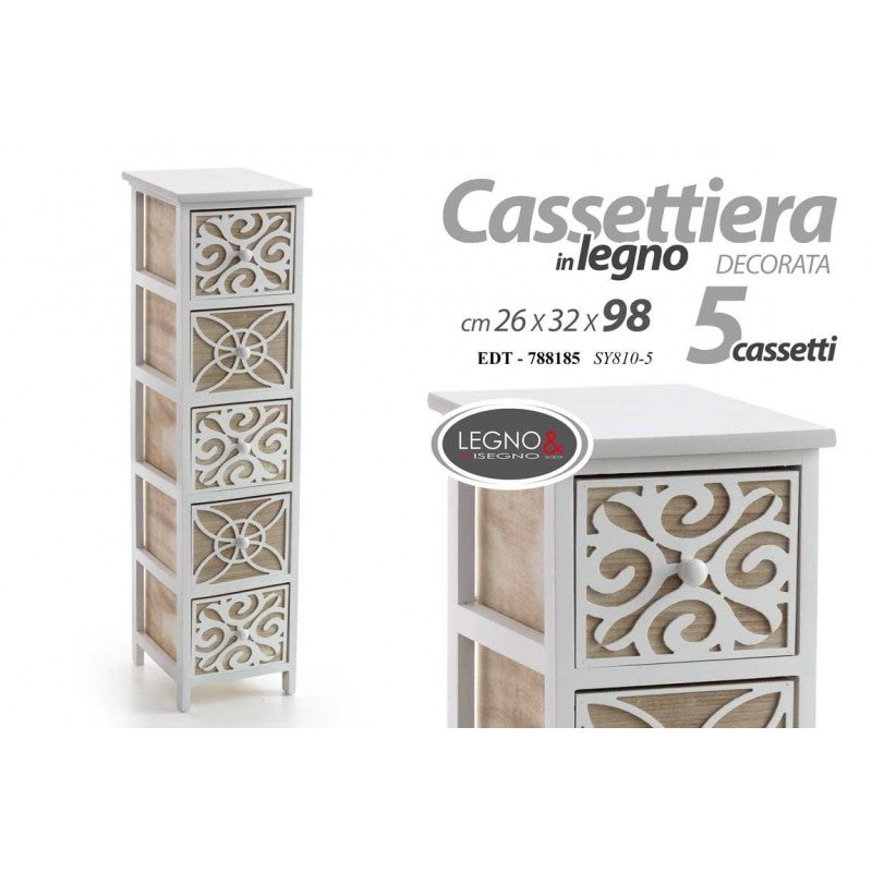 Cassettiera stretta 5 cassetti in legno cm 26 x 32 x 98 h