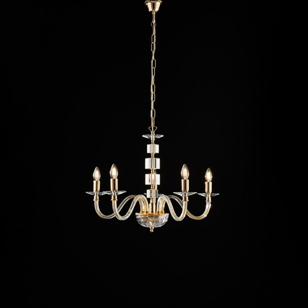 Lampadario in oro con vetro trasparente e strass 5 luci H.50 - MAX 110 - Ø60