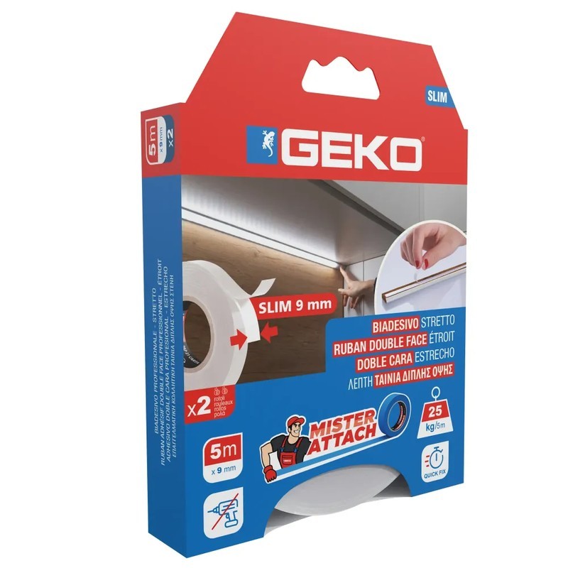 Schlankes doppelseitiges Klebeband, 9 mm x 5 m, weiße Acrylpackung. 2 Stück