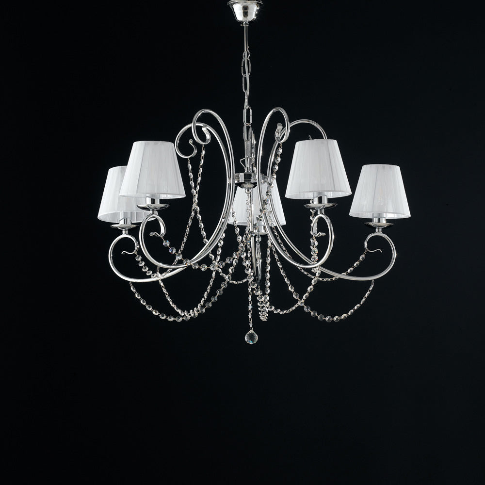 Lampadario in ferro cromato 5 luci con paralumi H.55 - MAX 115 - Ø72