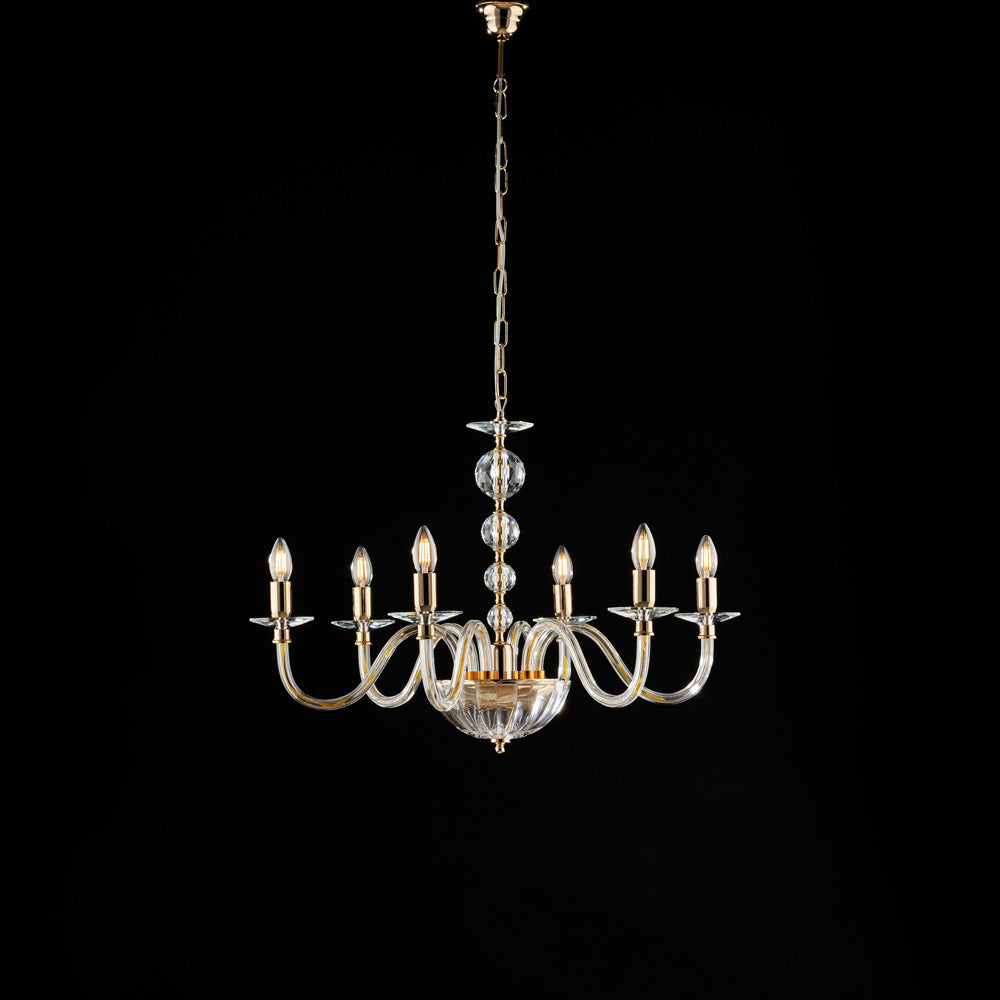 Lampadario oro con vetro, 6 luci – Cristallo cilindrico, Ø77 H.56-116