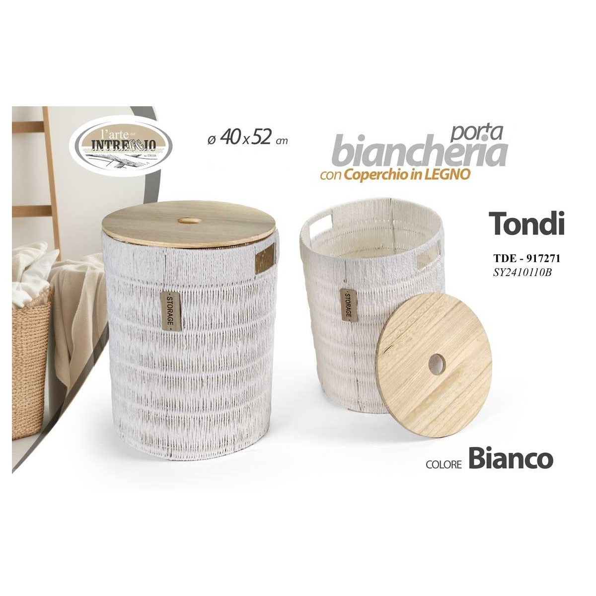 Cesta tonda bianca con coperchio ø40x52 cm