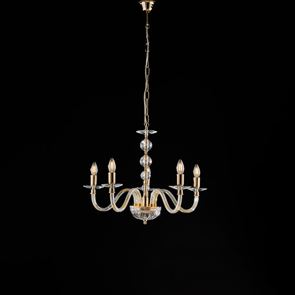 Lampadario in oro con vetro trasparente e strass 5 luci H.51 - MAX 111 - Ø60