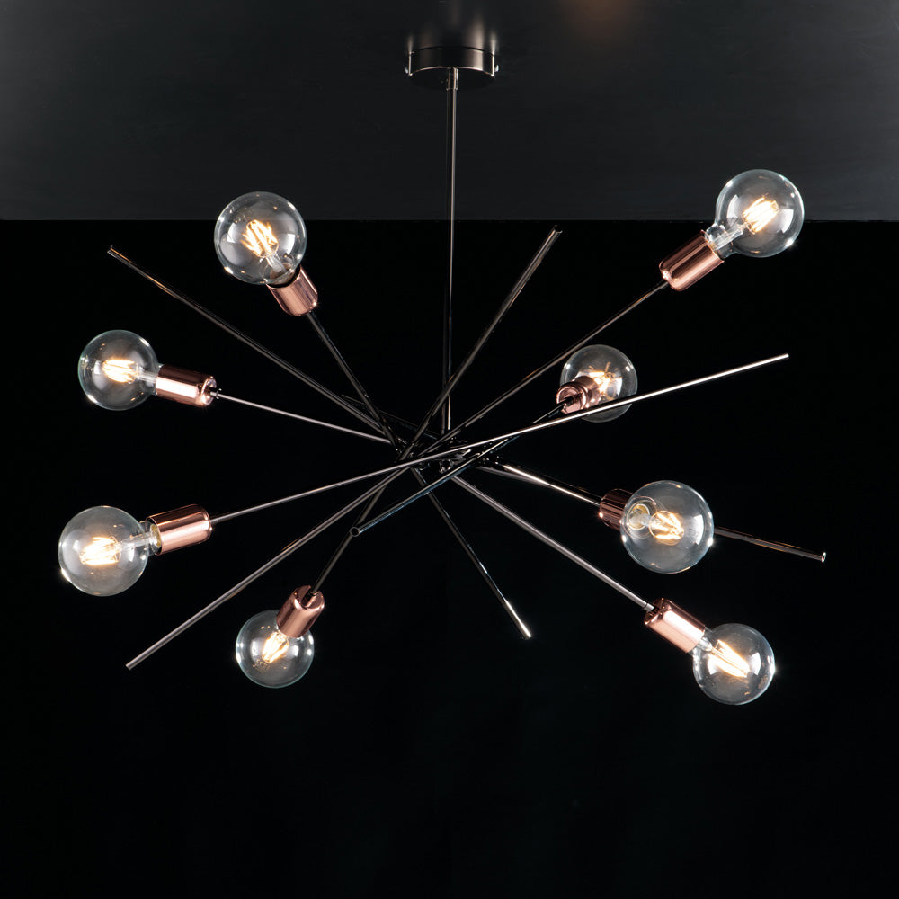 Plafoniera ferro cromo nero e rame 8 luci H.62 - Ø82