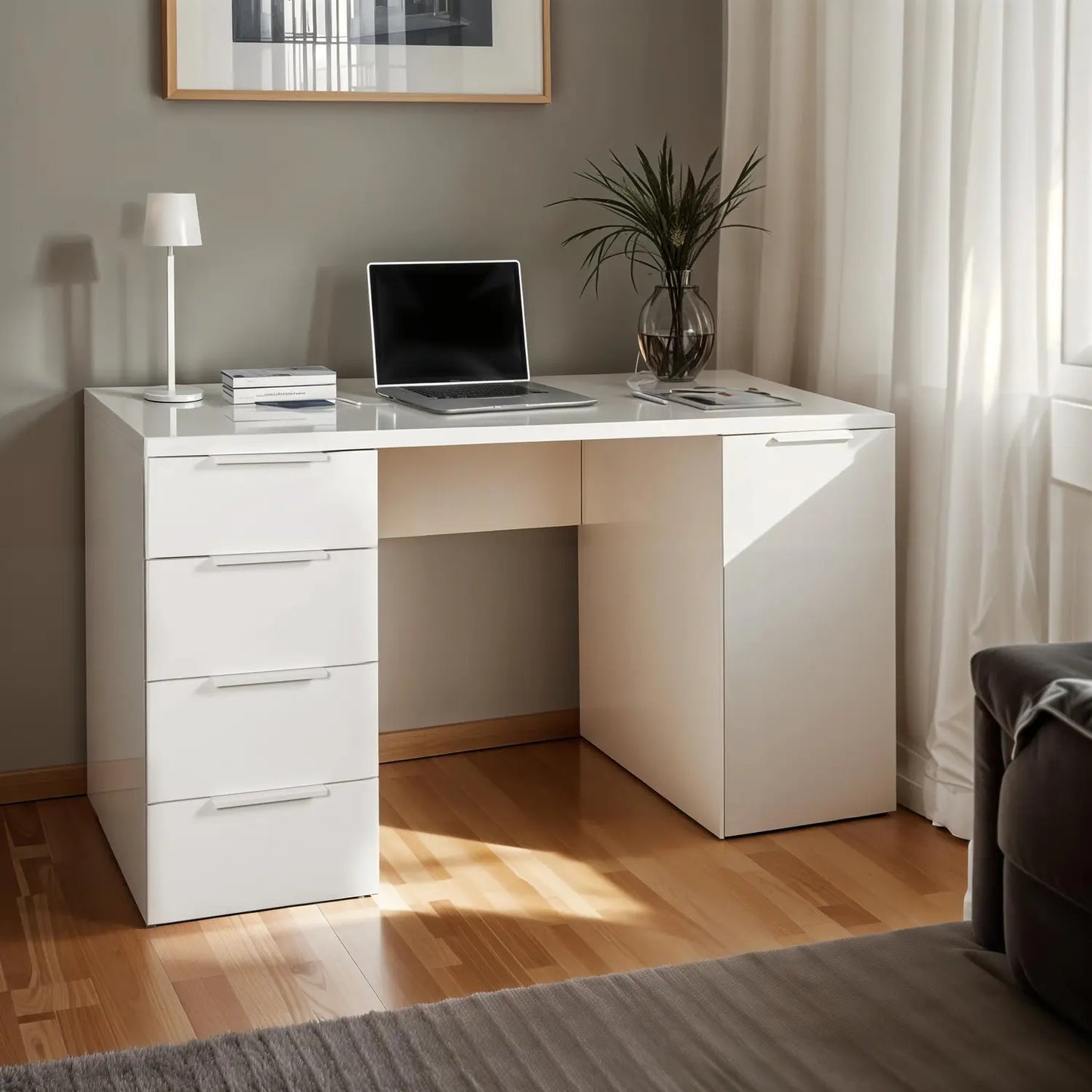 Desk with 4 drawers and 1 white lacquered door 146x60x75 h cm