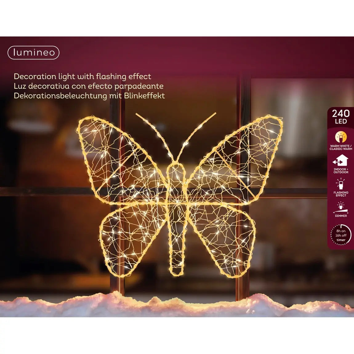 Farfalla luminosa LED oro e bianca da esterno 38 × H30 cm