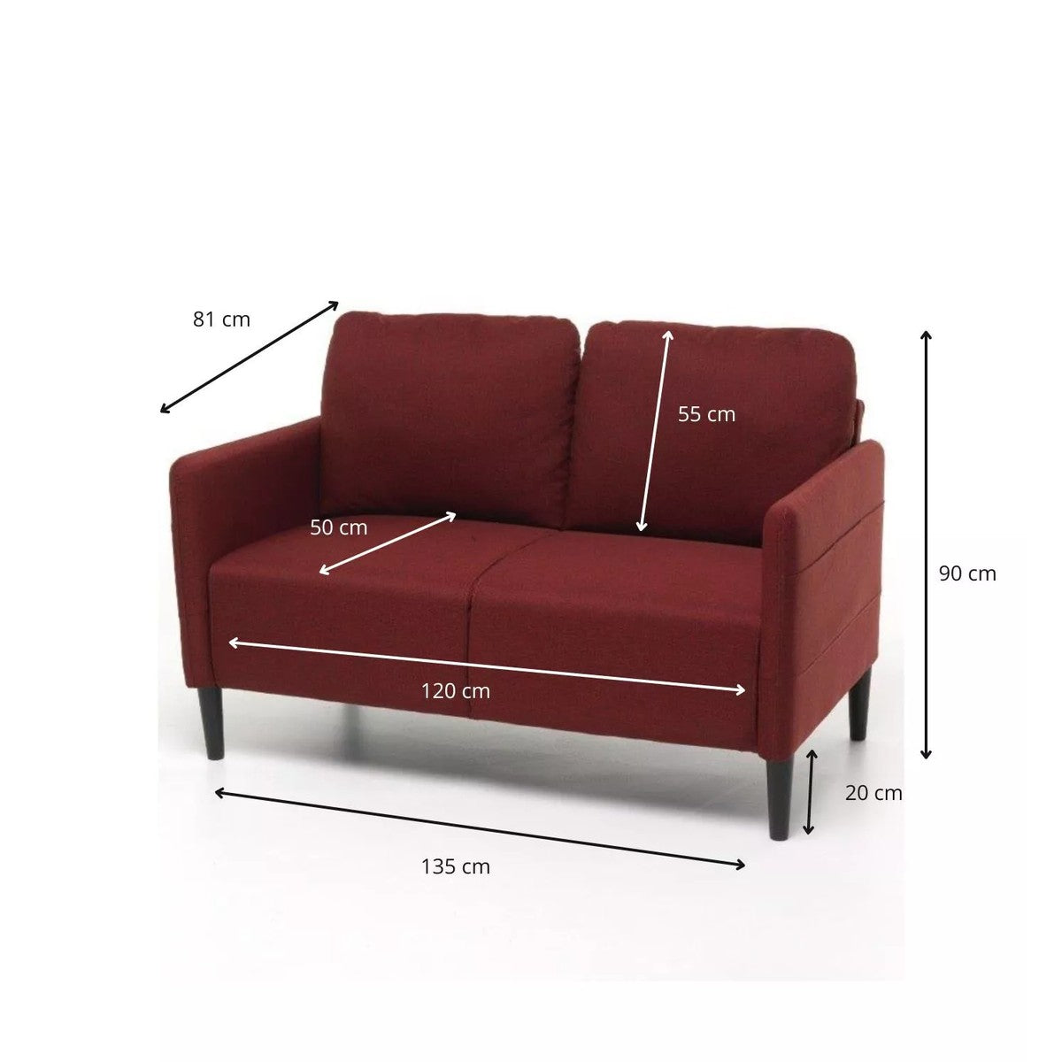 2 seater Poker sofa in red fabric 135x81x90h cm