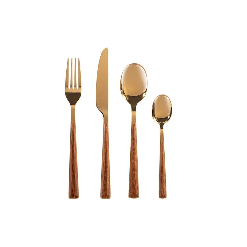 Servizio posate Sylva 24 pezzi in acciaio inox con manici in ABS. finitura oro lucido
Immergi la tua tavola in un'atmosfera da fiaba inca