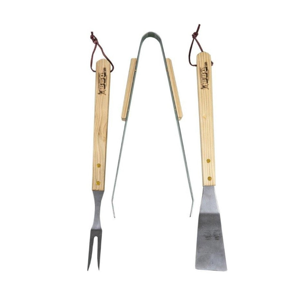 Set de 3 accesorios para barbacoa de madera y acero.