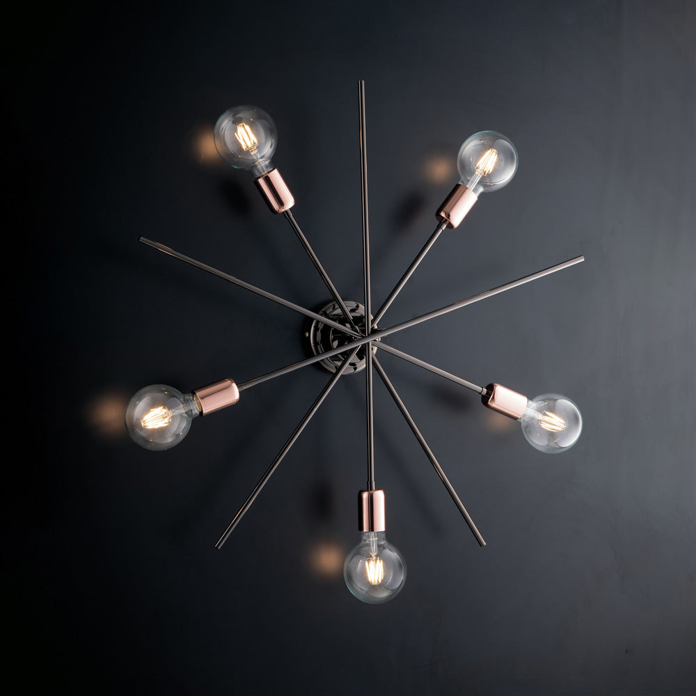 Plafoniera ferro cromo nero e rame 5 luci H.22 - Ø65