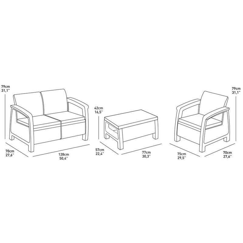Coufù lounge de jardín Keter en ratán capuchino con sofá, 2 sillones y mesa de centro
