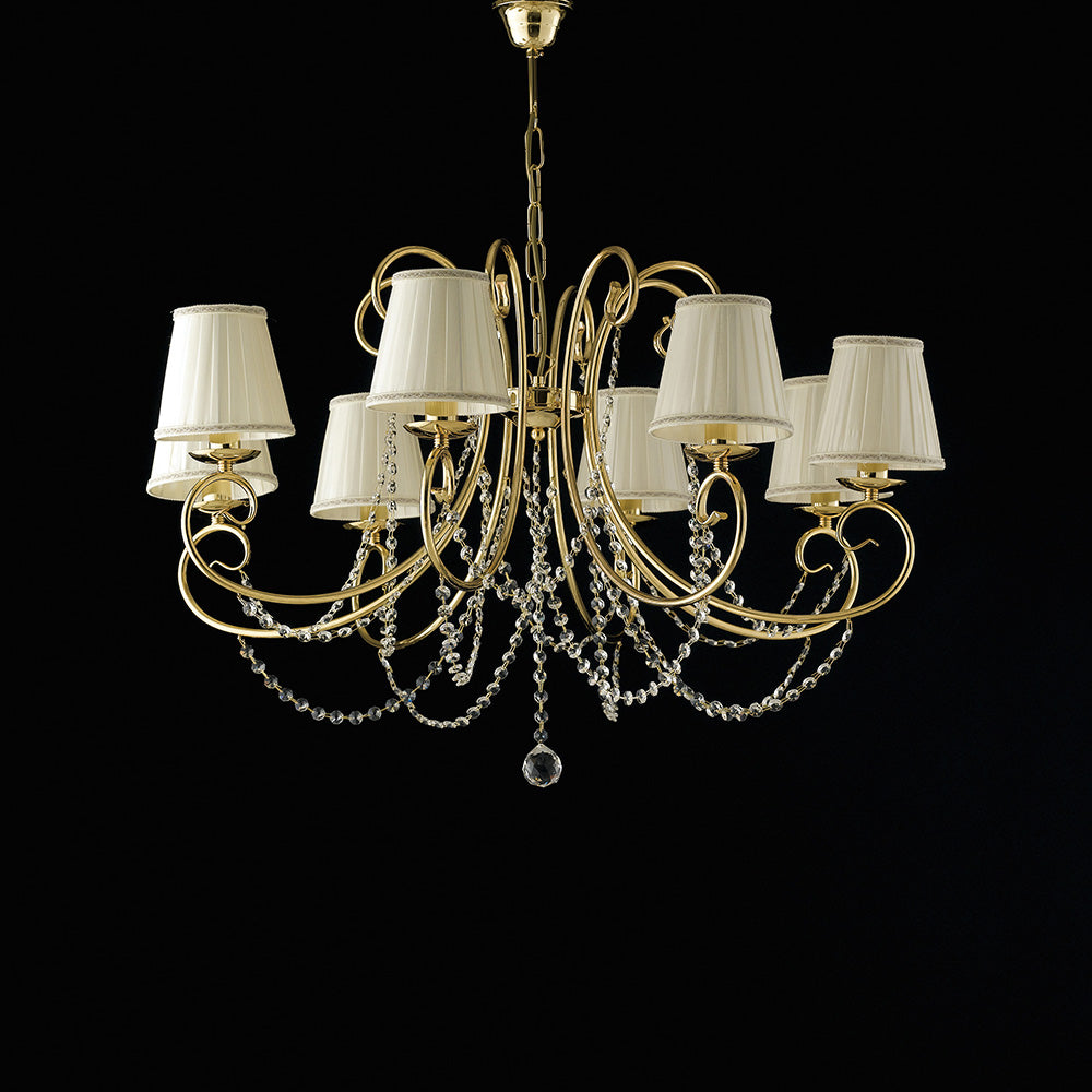 Lampadario in ferro dorato 8 luci con paralumi H.58 - MAX 118 - Ø78