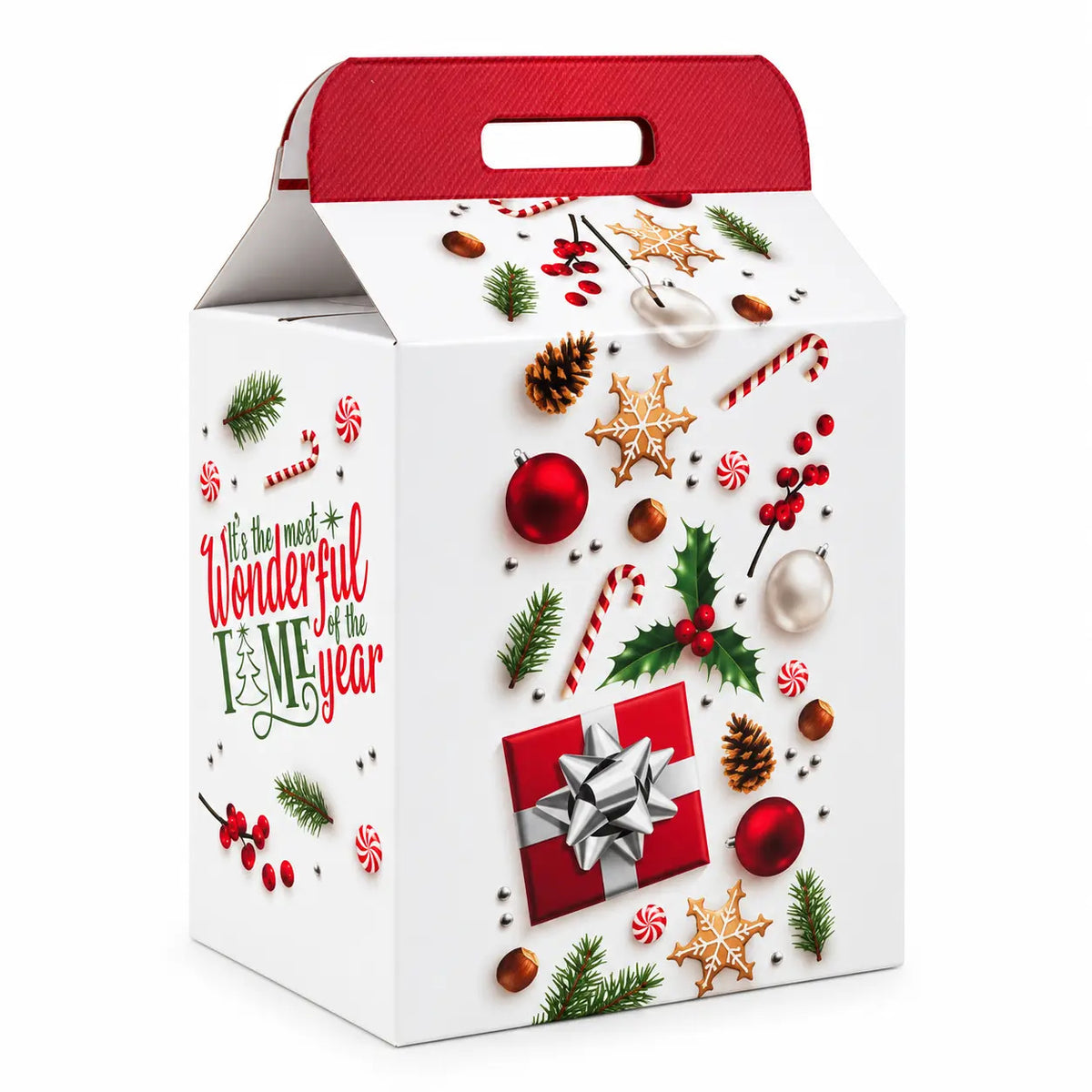 Scatola porta panettone bianca con decorazione natalizia rossa cm 28 x 20,5 x 34 h