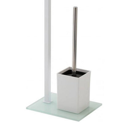White toilet stand with brush holder and glass base roll holder