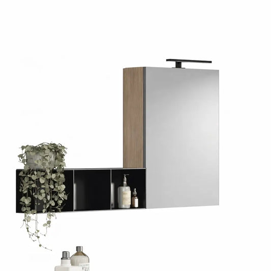 Walnut mirror with left wall unit with door and integrated lighting