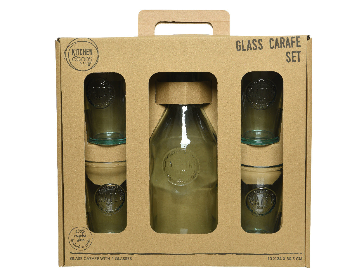 Set of 5 water Carafe with cork lid and 4 clear recycled glass glasses