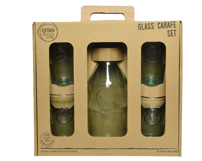Set of 5 water Carafe with cork lid and 4 clear recycled glass glasses