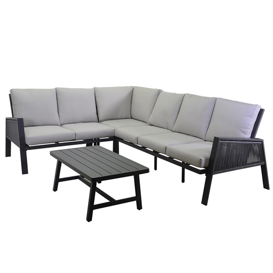 Salotto angolare con estructura de aluminio y cojines desenfundables - Sofá 2 plazas: 126x88,5x61,5 cm, Sofá 3 plazas: 179x88x89,5 cm, Mesa: 110x57,5x44,5 cm