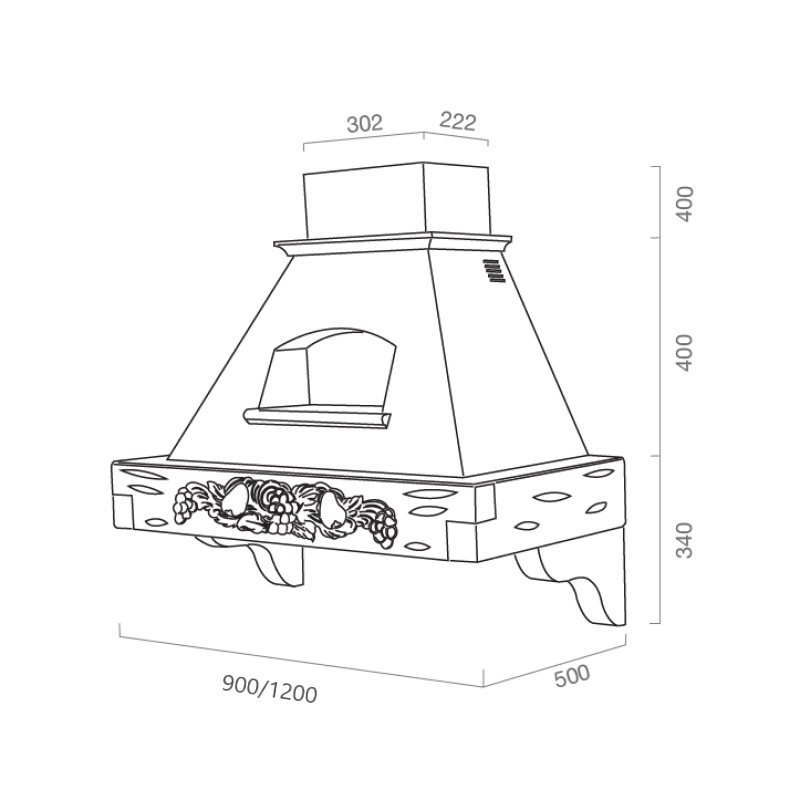 GIADA MAX white rustic kitchen hood with wooden frame in tobacco color inlay 120 cm