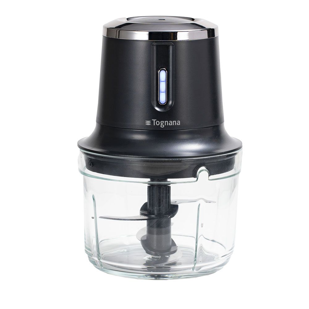 Schwarzer, wiederaufladbarer Akku-Zerkleinerer aus Kunststoff und Glas