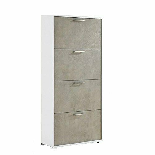 Schuhregal mit doppelter Tiefe und 4 Türen für bis zu 18 Paar Schuhe, Weiß/Zement