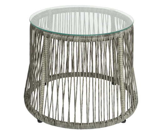 Mesita Salento en mimbre exterior gris y cristal