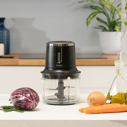 Schwarzer, wiederaufladbarer Akku-Zerkleinerer aus Kunststoff und Glas