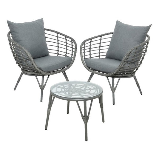 Salotto de Exterior 3 Piezas Gris - Poltronas y Mesa de Mimbre con Patas Ajustables