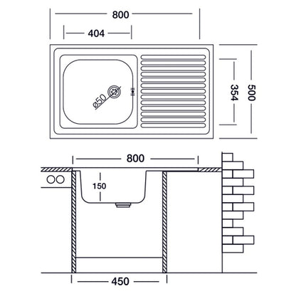 Countertop kitchen sink with right steel drainer 50x80 cm