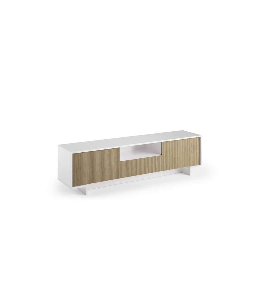 White TV Cabinet with 2 Doors And A Central Drawer with Light Canneté Pattern