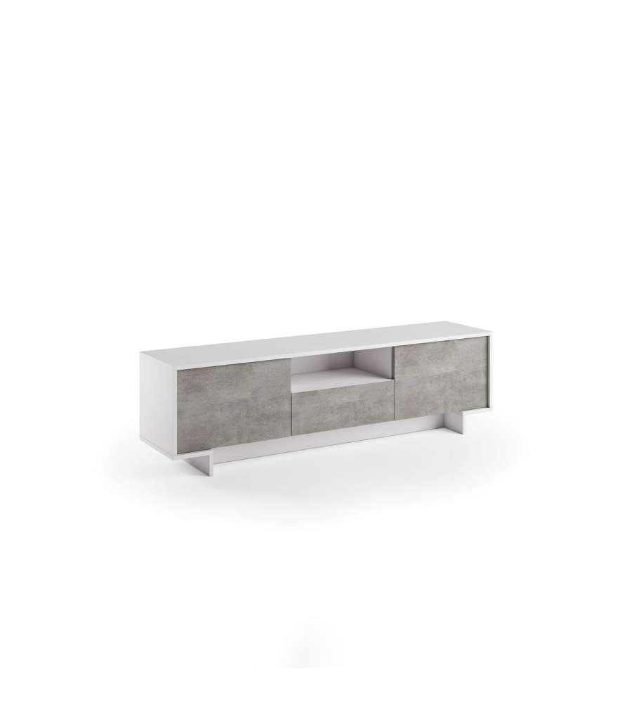 White TV Stand with Two Doors and a Central Cement Gray Drawer