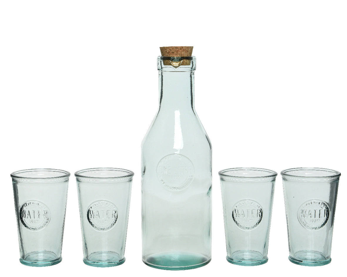 Set of 5 water Carafe with cork lid and 4 clear recycled glass glasses