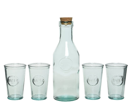 Set of 5 water Carafe with cork lid and 4 clear recycled glass glasses